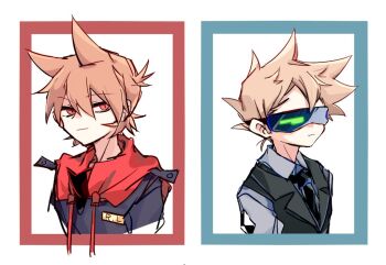 Rule 34 | 2boys, :|, animification, antenna hair, black necktie, black vest, blue coat, blue shirt, brown hair, chinese commentary, closed mouth, coat, collared shirt, commentary request, cropped shoulders, drawstring, eddsworld, expressionless, flipped hair, future tom (eddsworld), hair behind ear, hair ears, head-mounted display, hood, hood down, hoodie, layered clothes, lcd, looking at viewer, male focus, multiple boys, name tag, necktie, red eyes, red hoodie, red leader (eddsworld), shirt, short hair, simple background, slit pupils, spiked hair, tom (eddsworld), tord (eddsworld), vest, ying (yingyi22874)