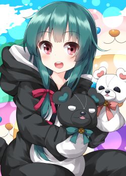 1girl :d animal_costume bear_costume blush bow bowtie commentary_request green_bow green_bowtie green_hair hair_ribbon highres hood hood_down kuma_kuma_kuma_bear long_hair long_sleeves looking_at_viewer open_mouth pink_ribbon red_bow red_bowtie red_eyes ribbon ruu_(tksymkw) smile solo stuffed_animal stuffed_toy teddy_bear yuna_(kuma_kuma_kuma_bear)