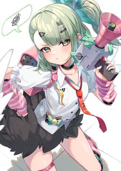 Rule 34 | 1girl, :t, absurdres, arm warmers, bandaid, bandaid hair ornament, black choker, black skirt, blush, choker, closed mouth, collarbone, commentary request, frilled sleeves, frills, fur-trimmed skirt, fur trim, green eyes, green hair, hair ornament, heart, heart hair ornament, highres, holding, holding megaphone, iam (tetsu0ekaki), leg warmers, looking at viewer, megaphone, multiple hair clips, necktie, pink arm warmers, pink bag, pink leg warmers, ponytail, pout, red necktie, shirt, simple background, skirt, solo, spoken squiggle, squiggle, striped arm warmers, striped leg warmers, sunna (zenless zone zero), sweatdrop, white background, white shirt, white wings, winged bag, wings, zenless zone zero