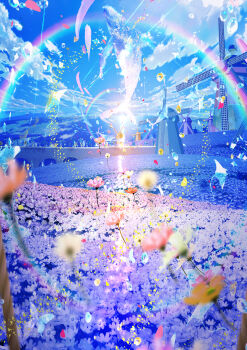 absurdres blue_sky cloud colorful commentary_request day falling_petals field fish flower flower_field flying_fish flying_whale highres makoron117117 manta_ray no_humans ocean orange_flower original outdoors petals pink_flower purple_flower rainbow reflection reflective_water scenery sky whale white_flower windmill yellow_flower