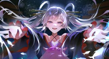 1girl bare_shoulders blue_eyes cho_kaguya-hime! commentary_request fish floating_hair fsuusux hair_ornament hair_rings hair_stick highres long_hair looking_at_viewer octopus purple_nails reaching reaching_towards_viewer runami_yachiyo smile swept_bangs twintails two-tone_kimono upper_body white_hair