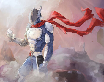 Rule 34 | 1boy, 2021, aomon (yuuji7604), arm at side, armor, artist name, assault visor, bangle, belt, blue bodysuit, bodysuit, bracelet, breastplate, clenched hands, commentary request, damaged, dated, day, digimon, digimon (creature), fog, helmet, jewelry, justimon, knee armor, long scarf, muscular, muscular male, no humans, outdoors, red scarf, scarf, shoulder armor, signature, solo, torn clothes, torn scarf, winged helmet