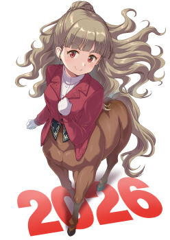 1girl 2026 blunt_bangs blush braid braided_bun breasts brown_hair centaur chinese_zodiac commentary_request facing_viewer floating_hair gloves hair_bun hand_on_own_chest highres hooves horse_tail idolmaster idolmaster_cinderella_girls idolmaster_cinderella_girls_starlight_stage jacket kamiya_nao long_hair looking_at_viewer medium_breasts monsterification red_eyes red_jacket satomura_kyou sidelocks simple_background single_hair_bun smile tail taur thick_eyebrows turtleneck wavy_hair white_background white_gloves year_of_the_horse