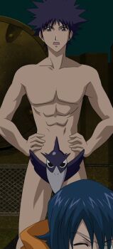 2boys abs air_gear anime_screenshot bird crow hand_on_own_hip male_focus minami_itsuki multiple_boys nude open_mouth short_hair solo_focus spiked_hair stitched third-party_edit wanijima_agito