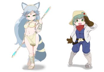 2girls animal_ears anklet arm_tattoo armor armored_boots backwards_hat bandeau bare_arms bare_legs baseball_cap belt boots circlet closed_mouth collared_jacket cosplay crossover extra_ears fox_ears fox_tail full_body gloves graphite_(medium) green_eyes green_hair grey_hair hand_up hat high_collar highres holding holding_staff holding_weapon jacket jewelry jumpsuit kemono_friends keroro keroro_gunsou krystal krystal_(cosplay) leg_tattoo loincloth long_hair looking_at_viewer medium_hair metal midriff multiple_girls nat_(gsx-r1300) navel necklace nintendo o-ring o-ring_top open_clothes open_jacket outstretched_arm outstretched_hand parted_bangs pauldrons pelvic_curtain pendant personification sandals scarf shoulder_armor sidelocks silver_fox_(kemono_friends) simple_background slippy_toad slippy_toad_(cosplay) smile staff standing star_(symbol) star_fox star_fox_adventures stomach tail tattoo tiara toenails toes traditional_media tsurime vambraces very_long_hair weapon white_background