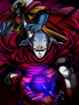 Rule 34 | 2boys, blue hair, blue skin, cape, chrono trigger, closed mouth, colored skin, crossover, dragon quest, dragon quest iii, fake horns, fingernails, gloves, helmet, horned helmet, horns, jewelry, m.u.g.e.n, magic, magus (chrono trigger), male focus, multiple boys, necklace, no~ma, open mouth, pale skin, pointy ears, red eyes, robe, sharp fingernails, sharp teeth, skull necklace, teeth, zoma