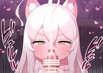 1boy 1girl :3 ahoge animal_ear_fluff animal_ears bar_censor blush cat_ears cat_girl censored cum cum_on_body cum_on_penis fellatio heart hetero highres kommy_(trickcal) licking licking_penis loli long_hair looking_at_viewer off_shoulder oral penis penis_grab robo_mikan shirt single_bare_shoulder sound_effects straight-on tongue tongue_out trickcal v-shaped_eyebrows white_hair white_shirt yellow_eyes