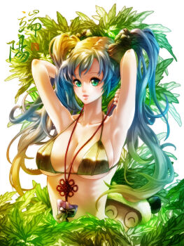 1girl absurdres arms_behind_head bikini bikini_top_only blue_hair breasts female_focus green_eyes highres jewelry large_breasts league_of_legends long_hair md5_mismatch necklace smile solo sona_(league_of_legends) swimsuit teemo twintails underboob waterring
