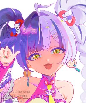 Rule 34 | 1girl, ahoge, aqua nails, bare shoulders, black hair, braid, braided twintails, collarbone, commentary request, detached sleeves, dialyn (zenless zone zero), earrings, goma aki, hair extensions, hair intakes, hair ornament, hairclip, hand up, highres, jewelry, long hair, looking at viewer, multicolored hair, multicolored nails, necktie, open mouth, panda hair ornament, portrait, red nails, ring hair extensions, simple background, solo, sparkling eyes, split-color hair, twitter username, white background, white hair, yellow eyes, yellow necktie, zenless zone zero