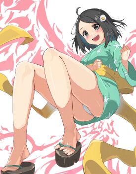 1girl ahoge aqua_kimono araragi_tsukihi ass black_eyes black_hair blush clenched_hands commentary_request egg_hair_ornament feet food-themed_hair_ornament full_body hair_ornament highres japanese_clothes kimono knees_up legs long_sleeves looking_at_viewer monogatari_(series) nisemonogatari obi onabe915 open_mouth panties sash short_hair short_kimono simple_background smile solo tabi teeth thighs thong toes underwear upper_teeth_only white_panties