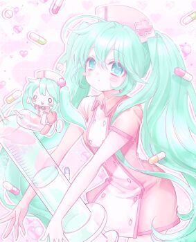 1girl ahoge aqua_hair blue_eyes blush_stickers buttons chibi closed_mouth collared_dress cowboy_shot double-breasted dress expressionless flying hair_between_eyes hat hatsune_miku highres koiiro_byoutou_(vocaloid) large_syringe long_hair looking_at_viewer mipi_(u3u_00) nurse nurse_cap open_mouth outline oversized_object pale_color pill pink_dress short_dress short_sleeves solo standing syringe twintails v-shaped_eyebrows very_long_hair vocaloid white_outline