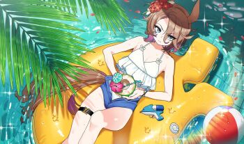 1girl acaa alternate_costume ball beachball bikini blue_eyes blue_shorts breasts brown_hair flower from_above hair_between_eyes hair_flower hair_ornament highres horse_girl horse_tail looking_at_viewer lying narita_taishin_(umamusume) on_back red_flower short_hair shorts small_breasts solo swimsuit tail thigh_strap umamusume water_gun white_bikini