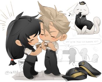 1boy 1girl 4k1030 animal belt belt_buckle black_hair black_hat black_pants black_vest blonde_hair blush buckle cat closed_eyes cloud_strife coffee commentary cup drinking english_commentary english_text final_fantasy final_fantasy_vii final_fantasy_vii_remake full_body hat highres holding holding_cup japan_airlines long_hair low-tied_long_hair maru_(ff7) morning musical_note official_alternate_costume pants shirt short_hair short_sleeves speech_bubble spiked_hair standing tifa_lockhart train twitter_username unworn_hat unworn_headwear vest whistle whistling white_cat white_shirt