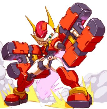 archived_source armor black_bodysuit bodysuit boots cropped_jacket crotch_plate dual_wielding energy_gun forehead_jewel green_eyes gun helmet highres holding holding_gun holding_weapon jacket mega_man_(series) mega_man_zx model_fx_(mega_man) official_art orange_boots orange_helmet orange_jacket power_armor simple_background smoke solo vent_(mega_man) weapon white_background yabe_makoto