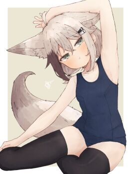 1girl animal_ears arm_up black_thighhighs hair_ornament highres kuon_(meguru_1225) meguru_1225 one-piece_swimsuit original school_swimsuit solo swimsuit tail thighhighs