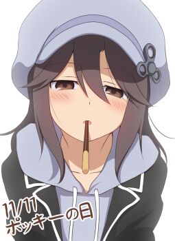 1girl black_hair black_jacket blazer blush brown_eyes collarbone commentary_request curakuru curakuru_(character) fang fidget_spinner flipped_bangs food food_in_mouth grey_hat grey_hoodie hair_between_eyes hat highres hood hoodie incoming_pocky_kiss jacket long_hair looking_at_viewer newsboy_cap original pocky pocky_in_mouth skin_fang solo upper_body