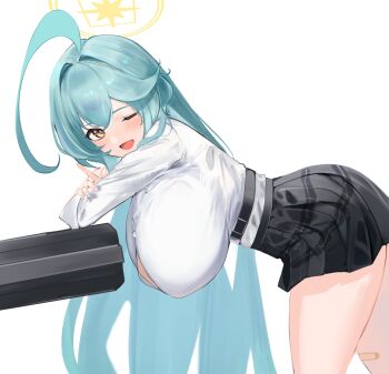 absurdres ahoge aqua_hair bandaid bandaid_on_leg bandaid_on_thigh belt bent_over black_belt black_skirt blue_archive breasts button_gap collared_shirt commentary_request eugle_na from_side halo highres huge_ahoge huge_breasts long_hair long_sleeves looking_at_viewer one_eye_closed open_mouth pleated_skirt shirt simple_background skirt thighs very_long_hair white_background white_shirt yellow_eyes yume_(blue_archive)