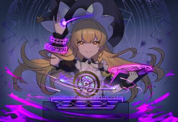 1girl blonde_hair book bow braid chinese_commentary cleavage_cutout closed_mouth clothing_cutout commentary_request devilkillerx grimoire hair_bow hat hat_bow hat_ornament highres kirisame_marisa long_hair magic magic_circle puffy_short_sleeves puffy_sleeves short_sleeves side_braid single_braid smile solo star_(symbol) star_hat_ornament touhou touhou_lost_branch_of_legend very_long_hair white_bow witch_hat yellow_eyes