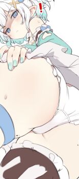 ! 1girl aqua_nails ass black_thighhighs blue_eyes commentary english_commentary from_below gradient_hair green_hair hair_ornament highres indie_virtual_youtuber looking_at_viewer mint_fantome mole mole_on_ass multicolored_hair orobou panties pointy_ears short_hair single_thighhigh solo thigh_strap thighhighs underwear virtual_youtuber white_hair white_panties x_hair_ornament