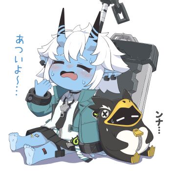 1girl absurdres bangboo_(zenless_zone_zero) barefoot black_choker black_necktie black_skirt blue_jacket blue_skin blush chibi choker closed_eyes collared_shirt colored_skin commentary_request fang hair_between_eyes highres horns hot jacket long_sleeves master_m_489 necktie open_clothes open_jacket open_mouth penguinboo_(zenless_zone_zero) pleated_skirt pointy_ears shirt simple_background skin_fang skirt soukaku_(zenless_zone_zero) sweat white_background white_hair white_shirt zenless_zone_zero