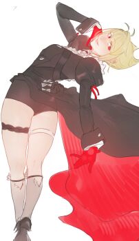 1girl absurdres arcueid_brunestud arknights black_boots black_dress black_shorts blonde_hair boots breasts cosplay dress entelechia_(arknights) entelechia_(arknights)_(cosplay) from_behind head_back highres leodot looking_at_viewer looking_back red_eyes short_hair shorts simple_background solo tsukihime white_background