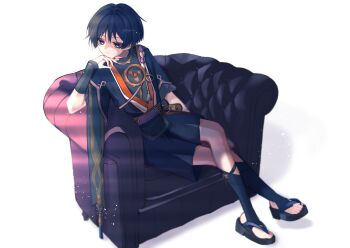 Rule 34 | 1boy, absurdres, arm at side, armor, black bodysuit, black kimono, black sandals, black shorts, black sleeves, blunt ends, bodysuit, choppy bangs, closed mouth, commentary request, couch, crossed legs, elbow rest, expressionless, eyelashes, eyeliner, frilled sleeves, frills, full body, furisode, genshin impact, gold, gold trim, half-closed eyes, hand on own chin, highres, japanese armor, japanese clothes, jewelry, juban, kimono, kote, kurokote, layered sleeves, looking to the side, makeup, male focus, mandarin collar, mitsudomoe (shape), munou v, neck ring, o-ring, okobo, on couch, open clothes, open kimono, platform sandals, purple eyes, purple rope, purple sash, purple sleeves, red eyeliner, red kimono, red sash, rope, sandals, sash, scaramouche (genshin impact), shimenawa, short sleeves, shorts, sitting, solo, stirrup legwear, tassel, toeless legwear, toes, tomoe (symbol), twitter username, white background, white kimono, white rope