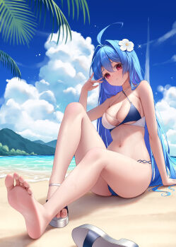 1girl absurdres arm_behind_back arm_support ass azur_lane beach bikini blue_hair blush breasts closed_mouth day flower from_below hair_between_eyes hair_flower hair_ornament hand_up helena_(azur_lane) helena_(shimmering_triangle_wave)_(azur_lane) highres knee_up laoan long_hair looking_at_viewer looking_down medium_breasts multicolored_bikini navel o-ring o-ring_bikini o-ring_top ocean on_ground outdoors parted_lips purple_eyes red_eyes sandals single_bare_foot sitting solo stomach swimsuit thighs two-tone_bikini very_long_hair wet white_flower