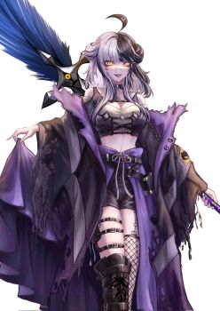 1girl alternate_costume black_boots black_coat black_hair black_shorts boots breasts cleavage coat commentary crop_top english_commentary fishnet_thighhighs fishnets grey_hair highres holding holding_quill hololive hololive_english large_breasts long_hair looking_at_viewer multicolored_hair oversized_object quill shiori_novella shorts simple_background single_thigh_boot single_thighhigh solo split-color_hair thigh_boots thighhighs tongue tongue_out two-tone_hair virtual_youtuber white_background yellow_eyes zolomon_(jarvis_lin)