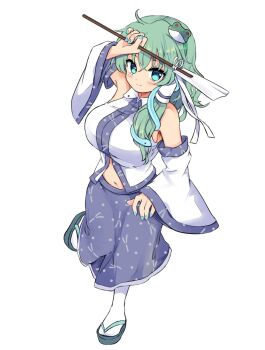 1girl aqua_eyes aqua_nails blue_skirt blush breasts closed_mouth detached_sleeves frog_hair_ornament game_cg gohei green_hair hair_ornament hair_tubes hakurei_frontier_spell_strive highres holding holding_gohei kochiya_sanae large_breasts long_hair looking_at_viewer navel official_art pantyhose ramudia_(lamyun) single_hair_tube skirt smile snake_hair_ornament solo third-party_source touhou transparent_background white_pantyhose