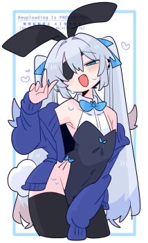1boy animal_ears bare_shoulders black_leotard black_thighhighs blue_bow blue_bowtie blue_cardigan blue_eyes blush bow bowtie bulge cardigan collarbone commentary covered_navel covering_crotch covering_privates cowboy_shot crossdressing crossdressing_(mtf) earclip eyepatch fake_animal_ears fang hair_between_eyes hair_bow hair_intakes hand_up heart highleg highleg_leotard highres leotard long_hair long_sleeves looking_at_viewer male_focus male_playboy_bunny narrowed_eyes no_nose one_eye_covered op_na_yarou open_cardigan open_clothes open_mouth original rabbit_ears rabbit_tail raised_inner_eyebrows rigel_(op_na_yarou) sidelocks simple_background sleeves_past_fingers sleeves_past_wrists solo standing sweat tail thighhighs trap twintails v very_long_hair watermark white_background white_hair