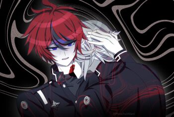 2boys ahoge aotsuki_eito biting black_bow blood blood_on_clothes blood_on_face blood_on_neck blue_eyes blue_hair bow drinking_blood highres last_defense_academy_school_uniform male_focus messy_hair multicolored_hair multiple_boys neck_biting red_hair simple_background sumino_takumi teeth the_hundred_line_-last_defense_academy- upper_body upper_teeth_only white_hair yaoi