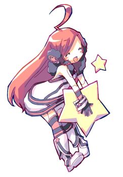 1girl ahoge android blush_stickers boots closed_eyes commentary dress fur_collar gloves hashtag-only_commentary headphones headset highres holding holding_star huge_ahoge joints long_hair negiwave2000 open_mouth pink_hair robot_joints sf-a2_miki sleeveless sleeveless_dress smile solo star_(symbol) striped_clothes striped_gloves striped_thighhighs thighhighs very_long_hair vocaloid wrist_cuffs