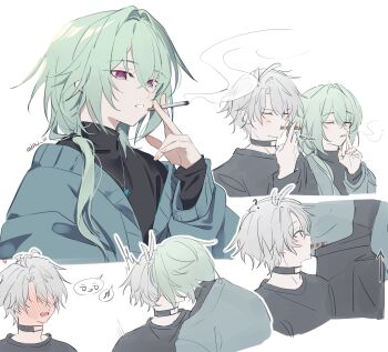 2boys ? absurdres alternate_costume anaxa_(honkai:_star_rail) aqua_hair blue_eyes blush cigarette closed_eyes grey_hair highres holding holding_cigarette honkai:_star_rail honkai_(series) kiss male_focus multicolored_eyes multiple_boys multiple_views open_mouth parted_lips phainon_(honkai:_star_rail) pink_eyes pink_pupils simple_background smoking soharu_u standing teeth two-tone_eyes white_background yaoi