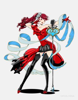 Rule 34 | 1girl, black boots, blue ribbon, boots, bow, contrapposto, curly hair, dress, dress bow, flower, full body, gloves, hair flower, hair ornament, hands up, high-low dress, lace, lace-trimmed gloves, lace trim, long hair, looking at viewer, microphone, microphone stand, off-shoulder dress, off shoulder, official art, outstretched arm, persona, persona 5, persona 5 the royal, ponytail, red bow, red dress, red eyes, red gloves, red hair, ribbon, rose, saitou rokuro, second-party source, shure 55sh, simple background, solo, thigh boots, white background, white flower, white rose, yoshizawa kasumi