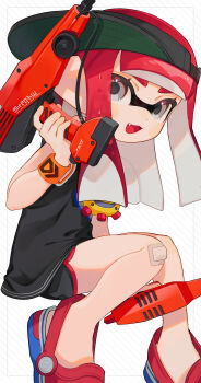 Rule 34 | 1girl, :d, absurdres, black shorts, commentary request, crocs, diagonal-striped background, dualie squelchers (splatoon), fang, gauze on knee, grey eyes, hand up, highres, holding, inkling, inkling girl, inkling player character, jersey, light blush, long hair, nintendo, open mouth, red hair, sabata saba, shorts, sideways hat, sitting, smile, solo, splatoon (series), striped background, tentacle hair, visor cap, wristband