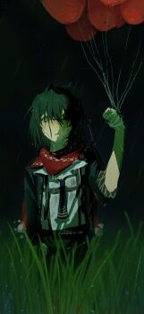 1boy balloon black_hair black_jacket blurry dark depth_of_field diandian_quan expressionless grass hair_between_eyes highres holding holding_balloon jacket looking_at_viewer male_focus mashiro_meme mashiro_meme_(1st_costume) night nijisanji outdoors rain red_scarf scarf shirt short_hair solo suspenders virtual_youtuber wet wet_clothes wet_hair white_shirt