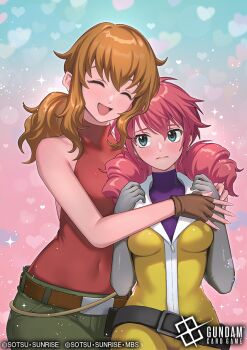 2girls aqua_eyes belt black_belt bodysuit brown_belt brown_gloves brown_hair christina_sierra closed_eyes closed_mouth commentary_request copyright_logo copyright_name copyright_notice covered_navel drill_hair ekusiun embarrassed feldt_grace fingerless_gloves gloves green_shorts grey_gloves gundam gundam_00 gundam_card_game heart logo low_drills low_ponytail multiple_girls official_art open_mouth pink_hair ponytail purple_bodysuit red_bodysuit shorts sleeveless sleeveless_bodysuit smile sparkle twin_drills vest yellow_vest