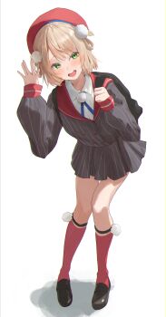 Rule 34 | 1girl, absurdres, bag, beret, black bag, black shoes, blonde hair, blue ribbon, buttons, collared shirt, double-breasted, dress shirt, full body, green eyes, grey jacket, grey skirt, hair ornament, hair rings, hashtag-only commentary, hat, highres, holding strap, indie virtual youtuber, jacket, kneehighs, leaning forward, legwear garter, loafers, long sleeves, looking at viewer, miniskirt, nayuyu1105, neck ribbon, open hand, outstretched hand, pinstripe jacket, pinstripe pattern, pinstripe skirt, pleated skirt, pom pom (clothes), pom pom brooch, pom pom hair ornament, red hat, red sailor collar, red socks, ribbon, sailor collar, school bag, school uniform, shadow, shigure ui (1st costume) (vtuber), shigure ui (vtuber), shirt, shoes, short hair, side up ring, simple background, skirt, sleeve cuffs, socks, solo, swept bangs, virtual youtuber, waving, white background, white shirt