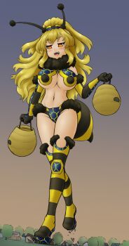 1girl absurdres alloyrabbit alternate_costume antennae basket bee_costume bikini blonde_hair blush boots breasts cleavage destruction elbow_gloves fake_antennae fangs fur_trim giant giantess gloves hair_ornament halloween_costume high_ponytail highres holding holding_basket house large_breasts multicolored_bikini multicolored_gloves navel neptune_(series) open_mouth orange_eyes ponytail power_symbol power_symbol-shaped_pupils solo striped_clothes striped_gloves striped_thighhighs swimsuit symbol-shaped_pupils teeth thigh_boots thighhighs tree underboob upper_teeth_only walking yellow_heart_(neptunia)