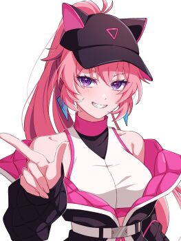 1girl animal_hat black_jacket blush brown_hat cat_hat hat high_ponytail highres jacket loli_(to_be_hero_x) long_hair long_sleeves looking_at_viewer pink_hair pochimaru_(marumaru_wanwan) ponytail purple_eyes shirt smile solo teeth to_be_hero to_be_hero_x white_background white_shirt y