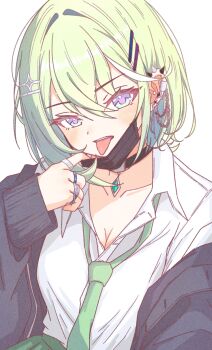 1girl absurdres black_collar black_jacket blush bob_cut breasts chaeeunhan124 cleavage collar collared_shirt commentary_request ear_chain earclip green_hair green_necktie hair_between_eyes hair_intakes hair_ornament hairclip hand_up highres jacket jewelry korean_commentary linked_piercing long_bangs long_sleeves loose_necktie mask mask_pull mouth_mask multicolored_eyes multicolored_hair necktie open_clothes open_jacket open_mouth parallel_hairclips pendant piercing ring shirt short_hair simple_background single_off_shoulder solo spike_piercing stellive streaked_hair tongue tongue_out two-tone_eyes unbuttoned upper_body virtual_youtuber white_background white_shirt wing_collar yuzuha_riko