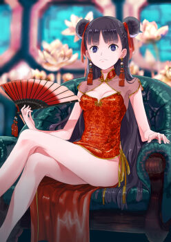 Rule 34 | 1girl, amayoshi, armchair, black hair, blunt bangs, blurry, breasts, bright pupils, chair, china dress, chinese clothes, cleavage cutout, clothing cutout, crossed legs, depth of field, double bun, dress, earrings, easy chair, female focus, flower, folding fan, frown, hair bun, hair ribbon, hand fan, highres, holding, holding fan, jewelry, long hair, looking at viewer, lotus, original, purple eyes, red dress, ribbon, see-through clothes, shiny clothes, short sleeves, side slit, sitting, small breasts, solo, tassel, tassel earrings, very long hair