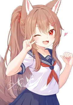 1girl ;d animal_ear_fluff animal_ears blue_skirt brown_hair fox_ears hair_ornament hairclip highres long_hair neckerchief one_eye_closed open_mouth original pleated_skirt ponytail rade_(rade_552) red_eyes sailor_collar school_uniform serafuku shirt short_sleeves skirt smile solo tail white_background white_shirt wolf wolf_ears wolf_girl wolf_tail