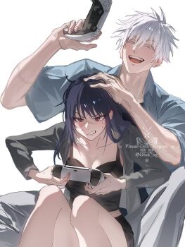 1boy 1girl black_hair black_shirt controller couple dualsense game_controller gojou_satoru hetero holding holding_controller holding_game_controller iori_utahime jewelry jujutsu_kaisen muscular muscular_male onik_bg pants playing_games playstation_controller scar scar_on_arm scar_on_face scars_all_over shirt short_hair skirt smile teeth too_many white_hair