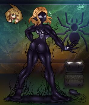 Rule 34 | 1girl, absurdres, animal print, blonde hair, braid, claws, crown braid, from behind, ghostichino, highres, marvel, mask, nintendo, parted bangs, pointy ears, princess zelda, she-venom, sidelocks, spider-man (series), spider print, tendrils from back, the legend of zelda, venom (marvel)