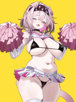 Rule 34 | 1girl, absurdres, alternate costume, animal ears, arknights, bikini, bikini under clothes, black bikini, black choker, black hairband, braid, breasts, cameltoe, cat ears, cat girl, cat tail, choker, cleavage, commentary, cowboy shot, crop top, curvy, elbow gloves, floppy ears, furrowed brow, gloves, goldenglow (arknights), hair over shoulder, hairband, highres, holding, holding pom poms, large breasts, lightning bolt print, looking at viewer, medium hair, microskirt, navel, one eye closed, open mouth, pink skirt, pleated skirt, pom pom (cheerleading), pom poms, simple background, skindentation, skirt, smile, solo, standing, string bikini, swimsuit, tail, thighhighs, two-sided fabric, two-sided skirt, two-tone skirt, vxdrq, white gloves, white skirt, white thighhighs, yellow background, yellow eyes