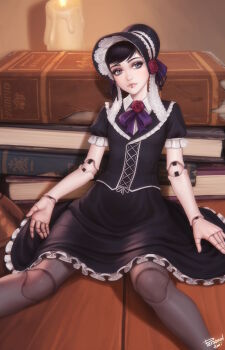 1girl black_dress black_eyes black_hair bonnet breasts commentary doll_joints dress english_commentary face_piercing gothic_lolita highres joints lip_piercing lip_ring lolita_fashion original personal_ami piercing puffy_short_sleeves puffy_sleeves short_hair short_sleeves sitting small_breasts solo