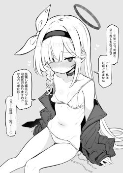 1girl bikini blue_archive blush breasts choker greyscale hairband halo highres loli long_hair maturiuta_sorato monochrome navel plana_(blue_archive) small_breasts solo swimsuit translation_request