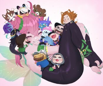 1girl ahoge ass back bad_link baseball_cap beard black_hair bodysuit chibi colored_skin dog_boy facial_hair fairy fairy_wings feet froggyloch froggyloch_(vtuber) glasses green_nails hair_bun hat highres hood hoodie hug indie_virtual_youtuber leaf legs mimcubus multiple_boys multiple_girls papamutt pink_hair pink_skin pointy_ears purple_hair ray_narvaez_jr short_hair sidelocks snake_girl tail thighs toes vexoria_the_sun_eater virtual_youtuber white_hair wings