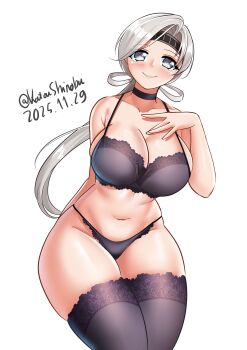 1girl absurdres black_bra black_choker black_panties black_thighhighs bra breasts chitose_(kancolle) choker grey_eyes grey_hair headband highres huge_breasts kantai_collection katou_shinobu lace lace-trimmed_bra lace-trimmed_panties lace-trimmed_thighhighs lace_trim long_hair looking_at_viewer low_ponytail navel panties ponytail smile solo thighhighs underwear underwear_only very_long_hair
